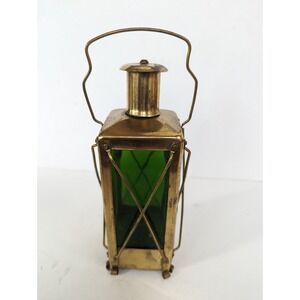 Vintage Music Box Brass Lantern Green Glass Decanter Made In Sweden. 10"